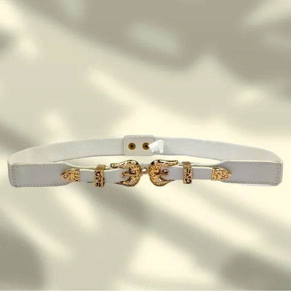 White & Gold Western Double Buckle Stretch Belt - Picture 1 of 5